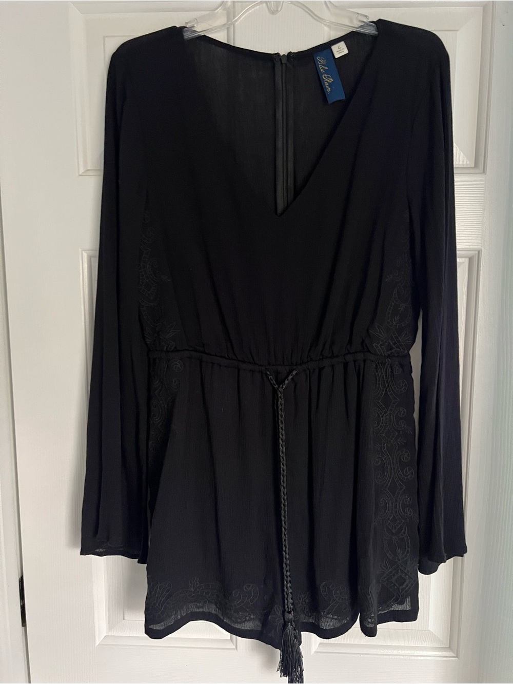 Blue Rain Black Boho Embroidered Long Sleeve Romper Size Large NWOT